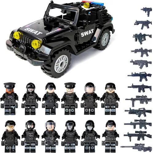 Toysvill SWAT - Juego de bloques de construcción de policía militar | SUV + minifiguras de soldados (12 piezas) con armas y accesorios de regalo