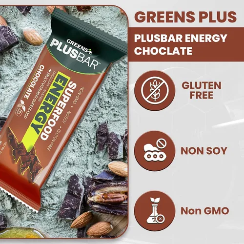 Miniatura 6 de Greens+ Plusbar Energy Chocolate Barra energética sin gluten Verduras orgánicas Chocolate negro orgánico Sin OMG 12 barras