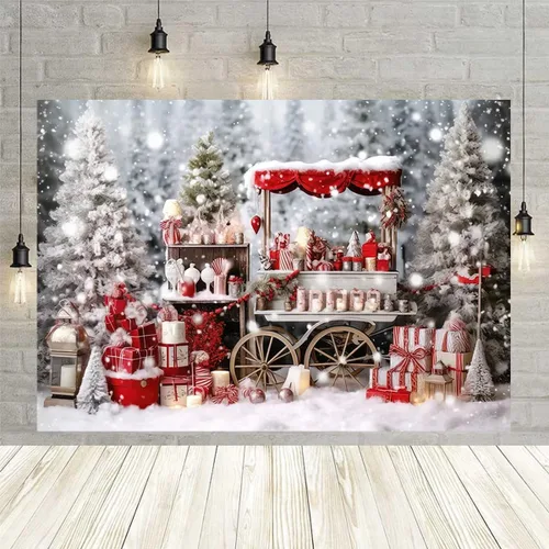 Miniatura 6 de Telón de fondo de fotos para tienda de cacao caliente de invierno, carrito de madera, decoración del hogar familiar, fondos de fiesta de vacaciones