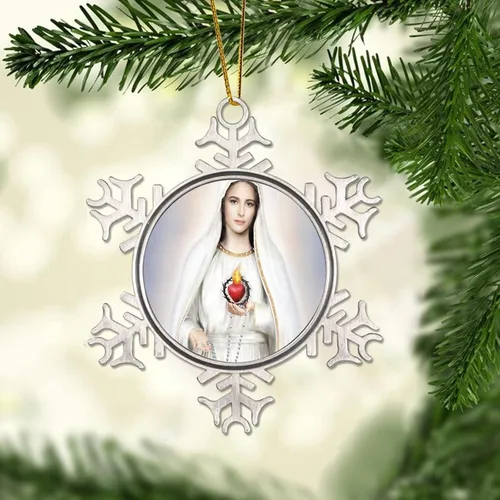 Miniatura 2 de Adornos metálicos de copo de nieve de Nuestra Señora de Fátima, adorno de Navidad, recuerdo, regalo, adornos colgantes para decoración de árbol
