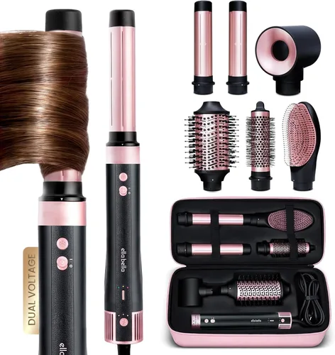 ELLA BELLA® Secador de Pelo Profesional 6 en 1 de Aire Caliente Voltaje Dual • Potente Set de Secador y Alisador de Pelo • Estilo Sin Daño por Calor