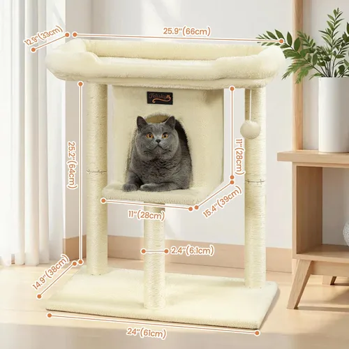 Miniatura 9 de Poste rascador de torre para gatos grandes de interior, árbol pequeño para gatos con cama grande, casa de árboles de 28 pulgadas de alto con cueva