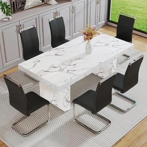 Miniatura 42 de gopop Mesa de comedor de mármol de 63 pulgadas, tablero de mesa de comedor MDF con patrón de mármol y base para cocina y comedor.