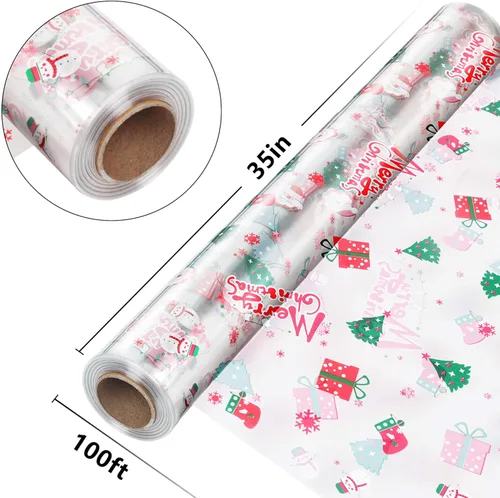 Miniatura 3 de JOYIT Rollo de celofán navideño de 100 pies (35 pulgadas x 100 pies) – Rollo de celofán de 3 mil de grosor, bolsas de celofán navideñas grandes