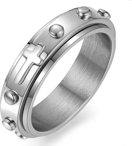 Anillo giratorio de 0.236 pulgadas para aliviar la ansiedad con cuentas de rosario Cruz Señor oración platanegroorooro rosa anillo de acero