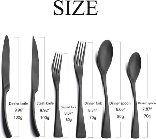 Miniatura 3 de Juego de cubiertos de color negro mate con cuchillo para carne, 24 piezas de cubiertos pesados de acero inoxidable 18/10, juego de utensilios