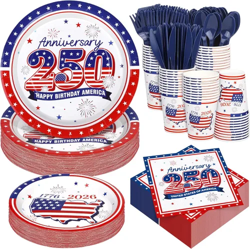 Kochorie 400 piezas de suministros de fiesta de 250 aniversario de Estados Unidos, juegos de vajilla patriótica desechables con Estados Unidos 250