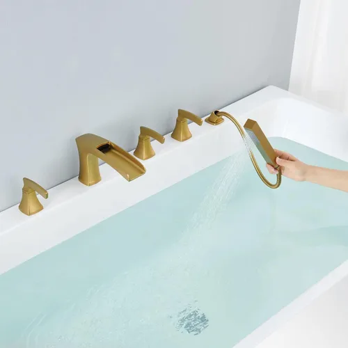 Miniatura 6 de Grifo de bañera romana, relleno de bañera de cascada de oro cepillado, grifos de baño de latón de 5 agujeros con ducha de mano
