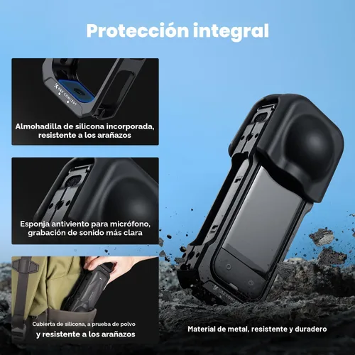 Miniatura 7 de K&F Concept Jaula para Cámara para Insta360 X5, Estuche Protector de Aleación de Aluminio con Cubierta de Lente de Silicona, Marco con 2 Monturas