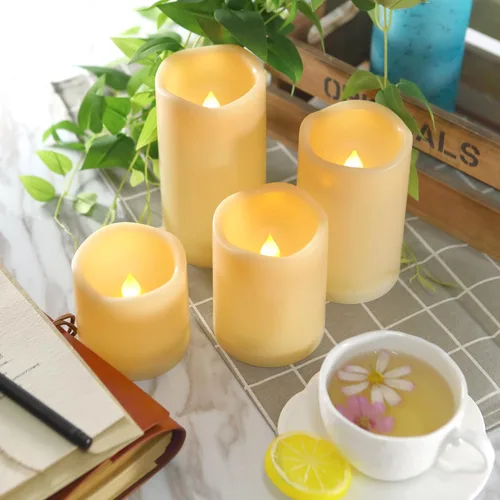 Miniatura 6 de 4 velas LED escalonadas sin flama, de pilas, impermeables, para exteriores, con temporizador, luz nocturna parpadeante de resina plástica