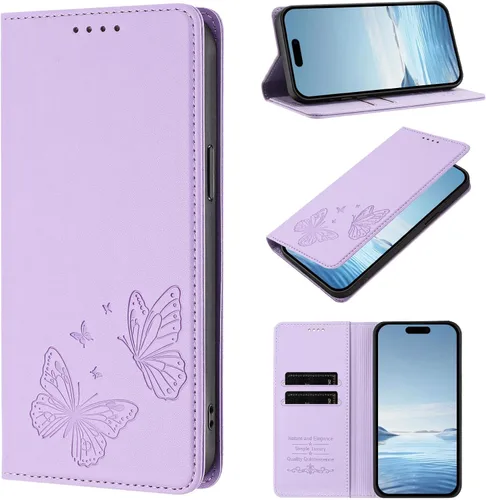 Miniatura 14 de Butterfly Embossed Leather Wallet Flip Case for Motorola Moto E22 4G, Magnetic Closure, RFID Blocking Cover, Card Holder Purple.