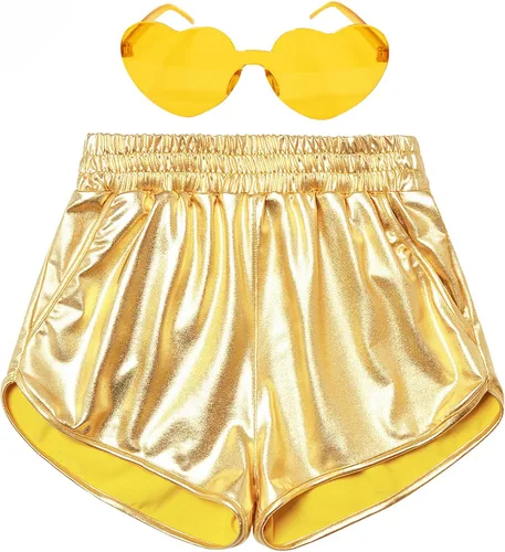 Perfashion Pantalones cortos metálicos para niñas, pantalones y gafas de sol brillantes para fiestas