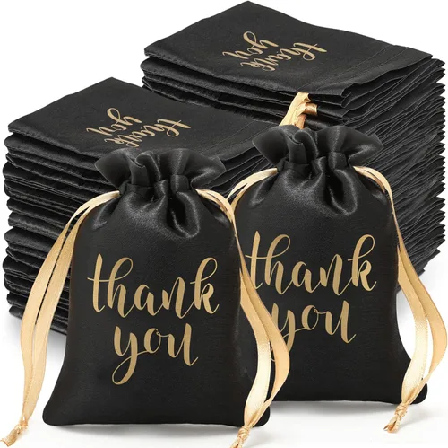 Roowest 100 bolsas de regalo de satén con cordón de agradecimiento para joyas, bolsas de dulces para bodas, despedidas de soltera, baby shower, Negro