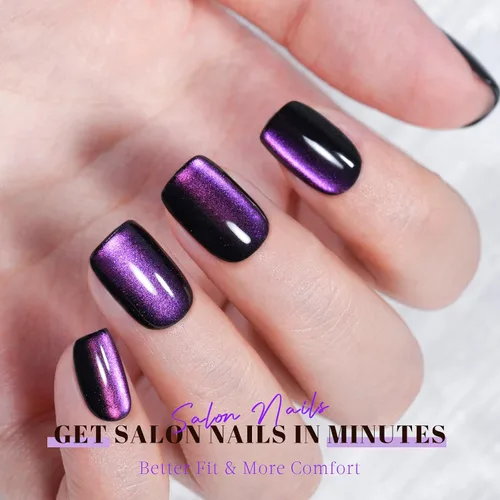 Miniatura 2 de Jofay Fashion - Uñas cortas a presión con diseño de ojo de gato, elegantes uñas cuadradas moradas, uñas postizas de gel suave, uñas postizas