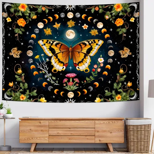 Miniatura 3 de Delur Tapiz de mariposa y luna, flores, botánico, floral, bohemio, tapiz para colgar en la pared, mandala estético, hongo, retro, vintage, cabecero