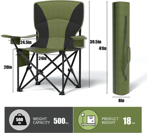 Miniatura 2 de Silla plegable resistente de capacidad de 500 libras, sillas de campamento de gran tamaño con soporte para tazas, bolsa enfriadora y bolsa