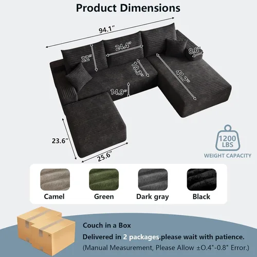 Miniatura 2 de Sofá modular Cloud de 95 pulgadas con otomana, moderno sofá nube en forma de U con asiento profundo, cómodo sofá de pana de 3 plazas, sofá de espuma
