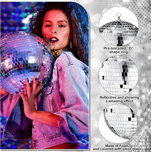 Miniatura 4 de Conjunto de 8 bolas de discoteca grandes de Haull, bolas de espejo plateadas reflectantes con anillo para colgar, ornamento de fiesta, decoración