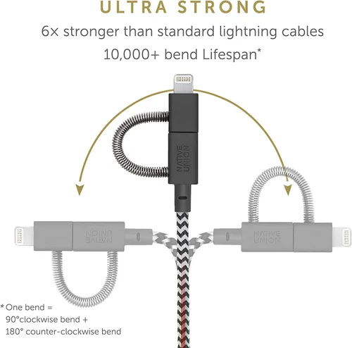 Miniatura 3 de Native Union Cable universal de correa – Cable de carga duradero reforzado ultra fuerte de 6.5 pies [certificado MFi] con adaptador 3 en 1 para Cebra