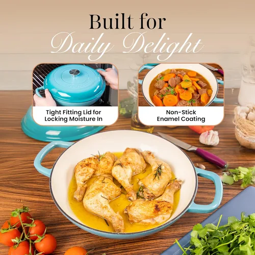 Miniatura 4 de Cacerola Holandesa de Hierro Fundido con Tapa – Cacerola Holandesa Superficial Antiadherente, Apto para Horno hasta 500° F – Cacerola de Cocina Azul