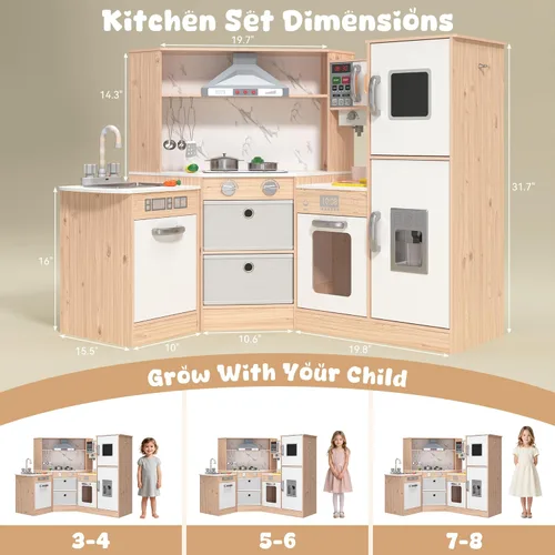 Miniatura 5 de BVIUNTWO Juego de juguetes de cocina, juego de cocina de madera para niños con luces y sonidos reales, fregadero, estufa, horno, máquina de hielo