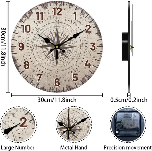 Miniatura 2 de CHGCRAFT Reloj de pared con brújula náutica vintage de 12 pulgadas, relojes de pared silenciosos, relojes digitales redondos, funciona