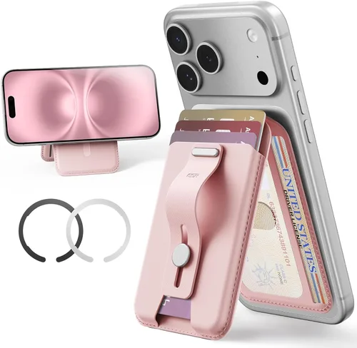 Miniatura 13 de ESR Soporte para cartera MagSafe con agarre, bloqueo RFID, anillo MagSafe incluido, 5 tarjetas para funda de teléfono, cartera magnética para iPhone
