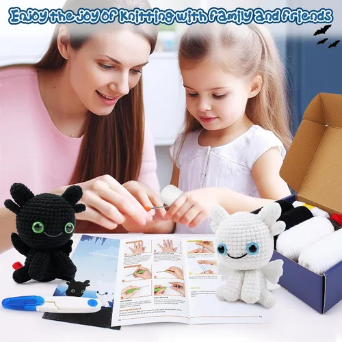 Miniatura 5 de Kit de ganchillo de dragón para principiantes, kit de 2 piezas de animales de ganchillo dragón blanco y negro con tutoriales en video paso a paso