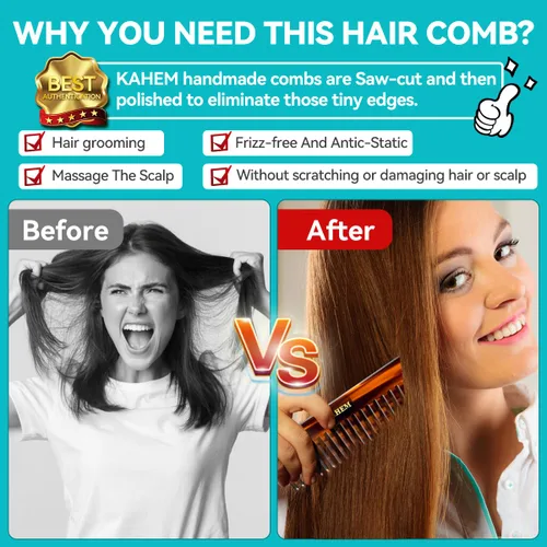 Miniatura 4 de KAHEM Peine desenredante grande de dientes anchos para mujeres, hombres y niños, hecho a mano para cabello rizado, largo y corto, peine profesional