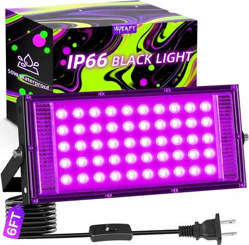 Luz LED negra de 50 W IP66 impermeable, luz de inundación de luz negra para exteriores con interruptor+cable de 6 pies, foco de luz negra para neón