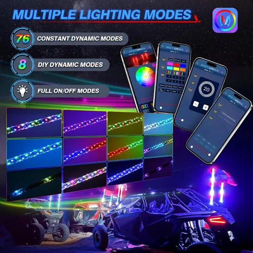 Miniatura 5 de MICTUNING 2PCS Luces LED Whip W1 de 3 pies con bandera y base de resorte, luces whip de persecución en espiral RGB+IC con APP, sincronización
