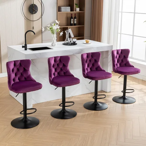 Miniatura 64 de Juego de 2 modernos taburetes de bar giratorios ajustables, sillas de bar copetudas de terciopelo beige con respaldo y ribete de cabeza de clavo