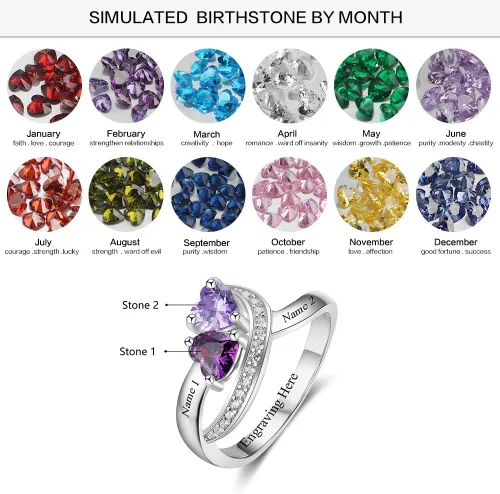 Miniatura 2 de Diamondido Anillos con nombre personalizado, 2 piedras natales de imitación, anillos de promesa para mujeres, parejas, anillos de compromiso, Piedra