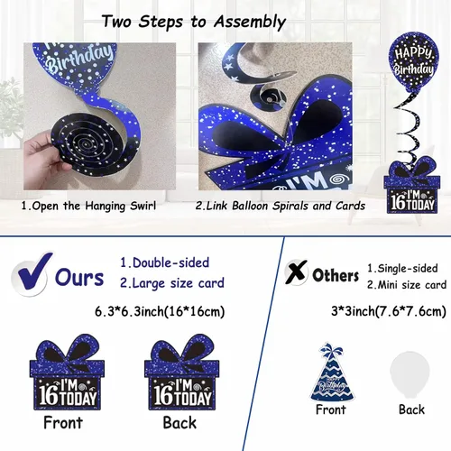 Miniatura 5 de Decoraciones de cumpleaños número 16 para niños y niñas, pancarta azul de feliz cumpleaños número 16, decoración de fiesta de dieciséis cumpleaños