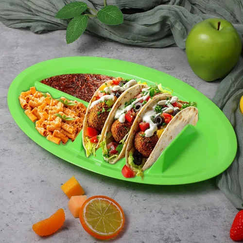 Miniatura 4 de Paquete de 12 platos coloridos de plástico para tacos, soporte reutilizable para tacos con divisores para 3 tacos y 2 áreas de inmersión, sin BPA