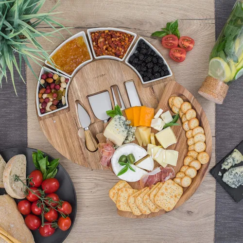 Miniatura 5 de ChefSofi Juego de tabla de charcutería y plato para servir queso, hecho de madera de acacia, juego de tabla de queso y cuchillos patentado por