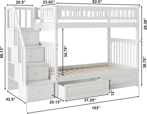 Miniatura 2 de Cama Atlantic Furniture tipo litera con escalera Columbia y cajones de cama en panel elevado, Madera, Blanco