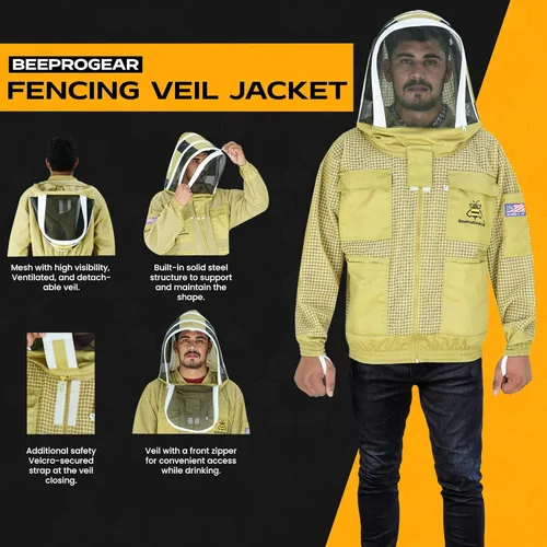 Miniatura 3 de 3-Layer Ventilated Mesh Bee Jacket for Men & Women with Veils Sting-Proof Beekeeping Jacket with Leather Gloves & Bag Marrón
