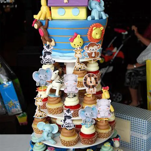 Miniatura 6 de 36 piezas de decoración para cupcakes de animales de la jungla, león, mono, cebra, hipopótamo, jirafa, elefante, temática de bosque, púas