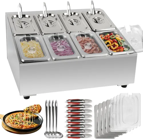 Miniatura 13 de Pizza Topping Station 7 sartenes, barra de ensalada, estación de buffet, servidor de bufé de alimentos fríos con tapas de bolsas de hielo, juego