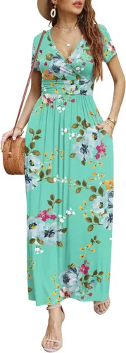 Miniatura 2 de CATHY - Vestido largo de manga corta y con cuello en V pronunciado para mujer, estilo casual, sensual, cintura plisada y con bolsillos