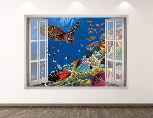 Calcomanía de pared para acuario, decoración 3D de tortuga, mural para habitación de niños, regalo personalizado BL143 (22 pulgadas de ancho x 16