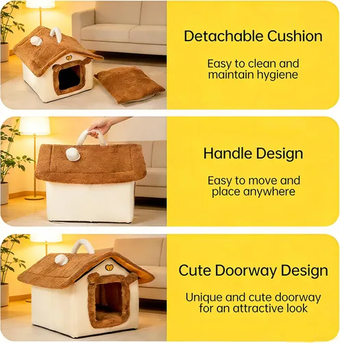 Miniatura 5 de Cama para gatos de interior, cama tipo cueva de gato con diseño de dibujos animados, diseño de mango, escondite suave para interiores, bonita casa
