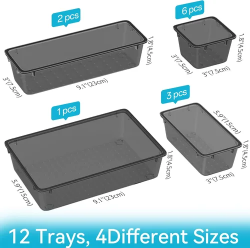 Miniatura 2 de ElegantArray Juego de organizador de cajones de 12 piezas, 4 tamaños, organizador de tocador de plástico versátil para maquillaje, papelería, Negro