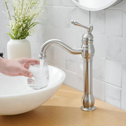 Miniatura 5 de Grifo de fregadero de níquel cepillado giratorio de 360° para baño, un solo agujero, casa de campo, alto, comercial, a juego, drenaje desplegable
