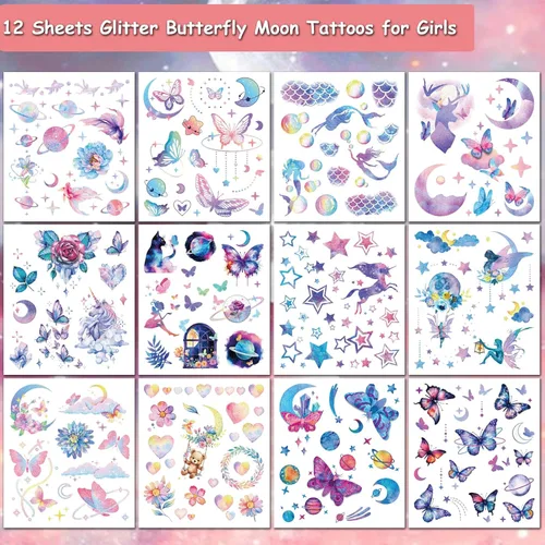 Miniatura 2 de Tatuajes con purpurina para niñas y mujeres, 12 hojas con purpurina de mariposa, luna, flores, sirena, tatuajes temporales para niñas, suministros