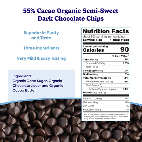 Miniatura 2 de Pascha Chips de Chocolate Semidulce Orgánico a Granel para Hornear 55% Cacao, Sin Alérgenos, Sin OGM, Vegano y de Comercio Justo, 10 Libras
