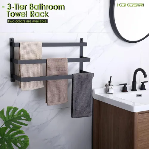 Miniatura 3 de KOKOSIRI Toalleros negros para toallas de baño, 3 niveles, escalera, para colgar en la pared, estantes de acero inoxidable, B5006BK-L24 Negro mate