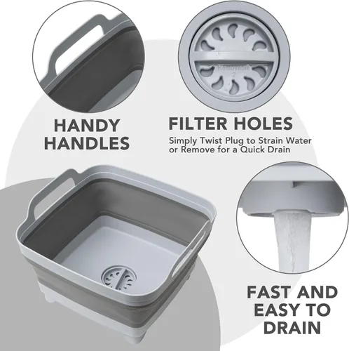 Miniatura 4 de Tiawudi Barreño para lavar platos, lavabo de 2.4 galones/9L con asas de transporte de tapón de drenaje, cubo plegable para limpieza, fregadero