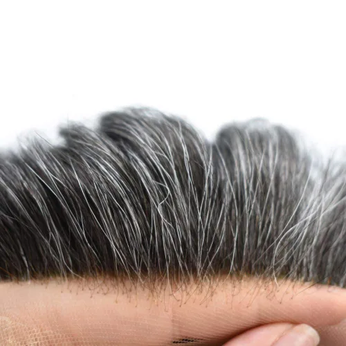 Miniatura 4 de Toupee para hombres, sistema de reemplazo de cabello humano Remy, nudos blanqueados, encaje frontal, piel fina, para hombre, color gris, pelucas